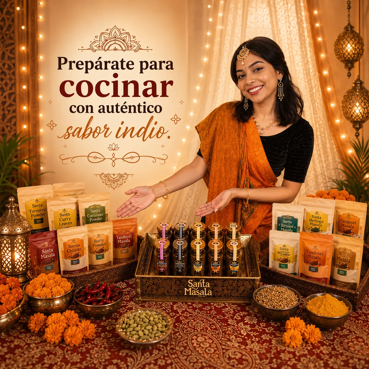 Composición premium con especias, arroz basmati y chutneys de Santa Masala